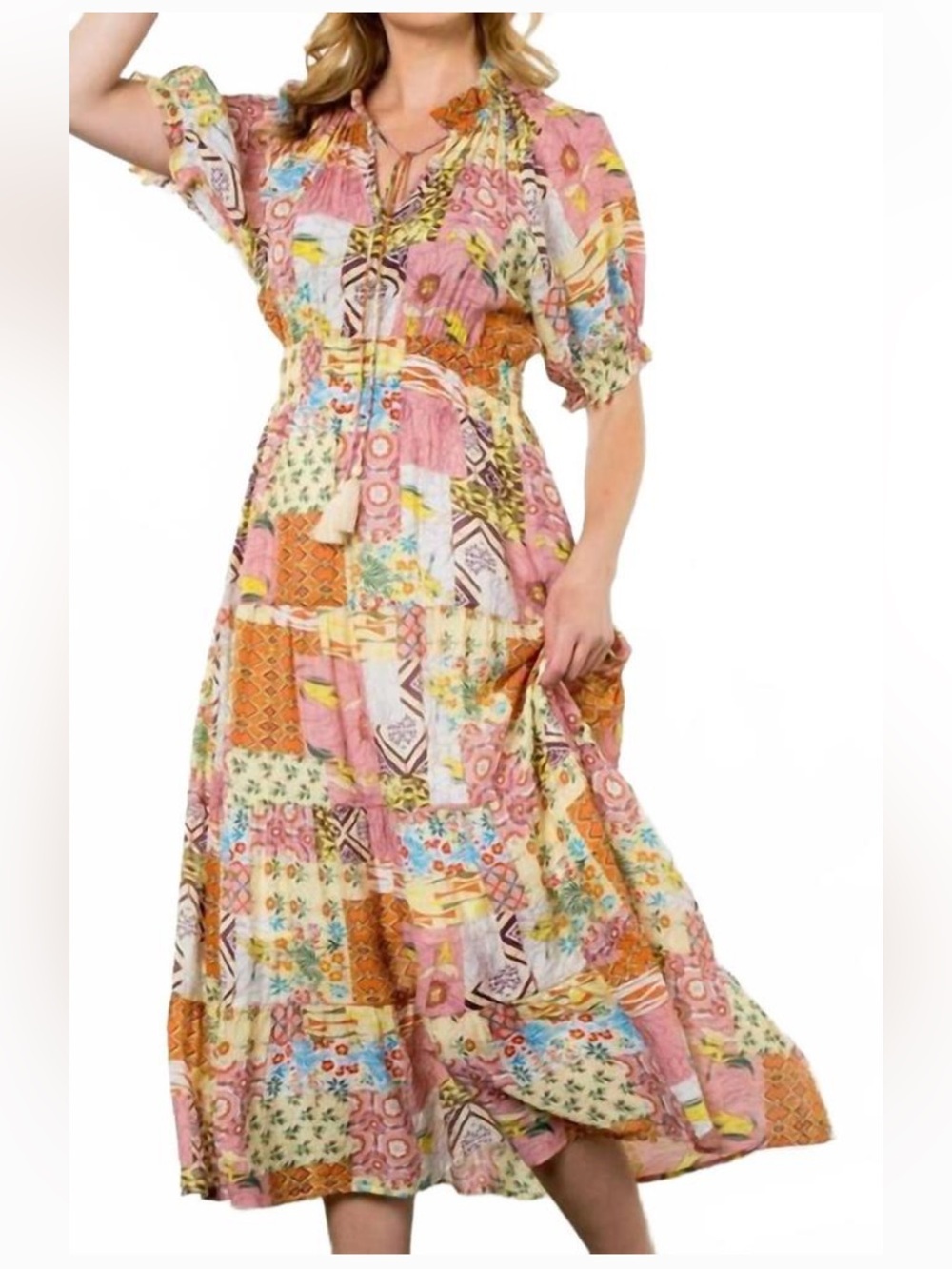 THML sz S midi to maxi patchwork tiered dress with puff sleeve and ruffle neck